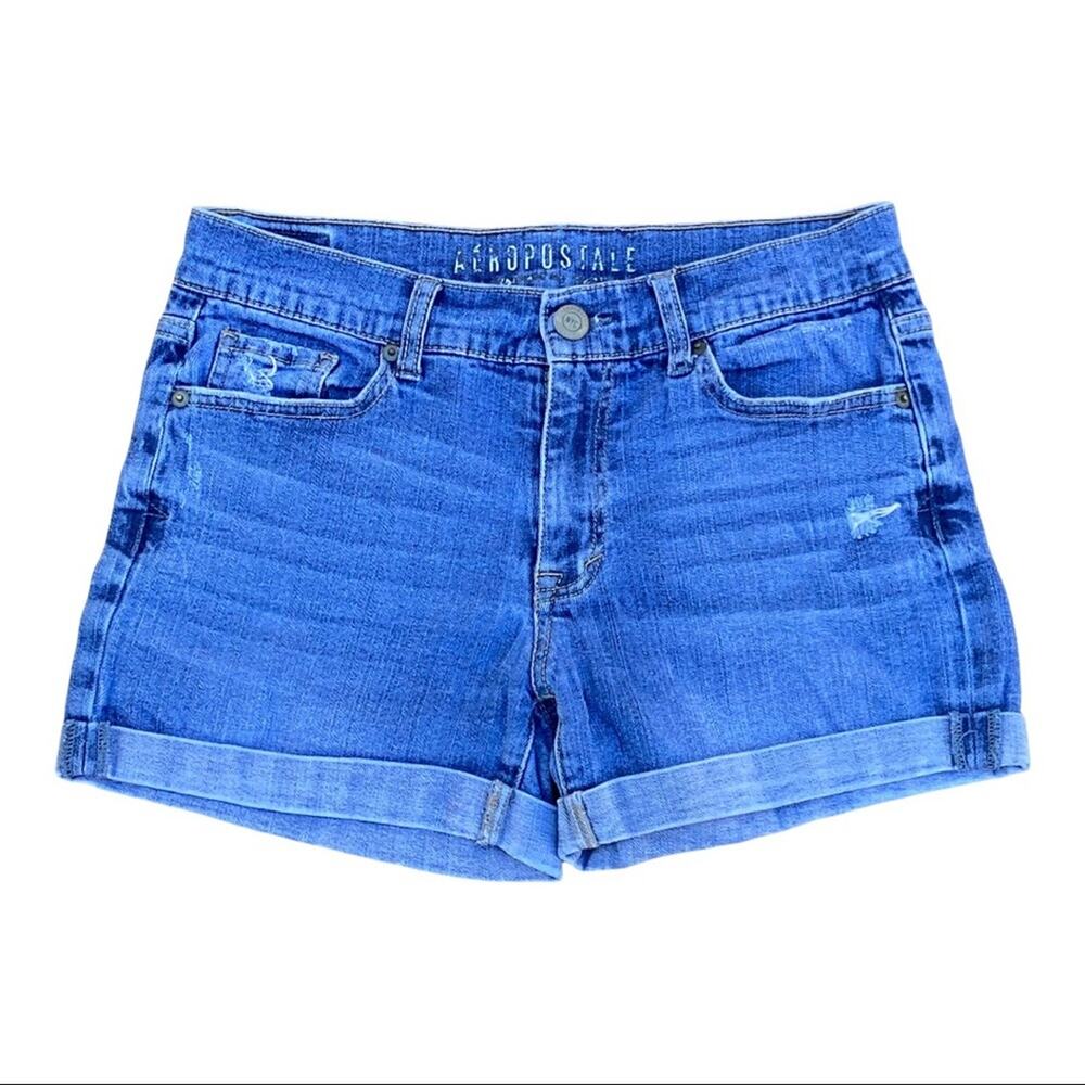 Aeropostale Cuffed Hem Distressed Blue Jean Shorts Stretch Size 2